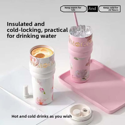 1 Stück 2026 Blossoms Neues Modell Stroh-Isolierbecher 710ml Große Kapazität Stilvoller Kaffeebecher Tragbarer Reise-Auto-Eisbecher Geschenke für Frauen